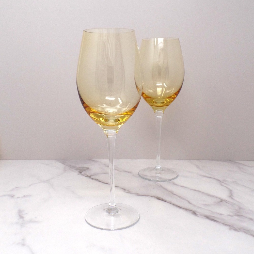 Vintage Yellow & Clear Handblown Wine Glass, set of 2